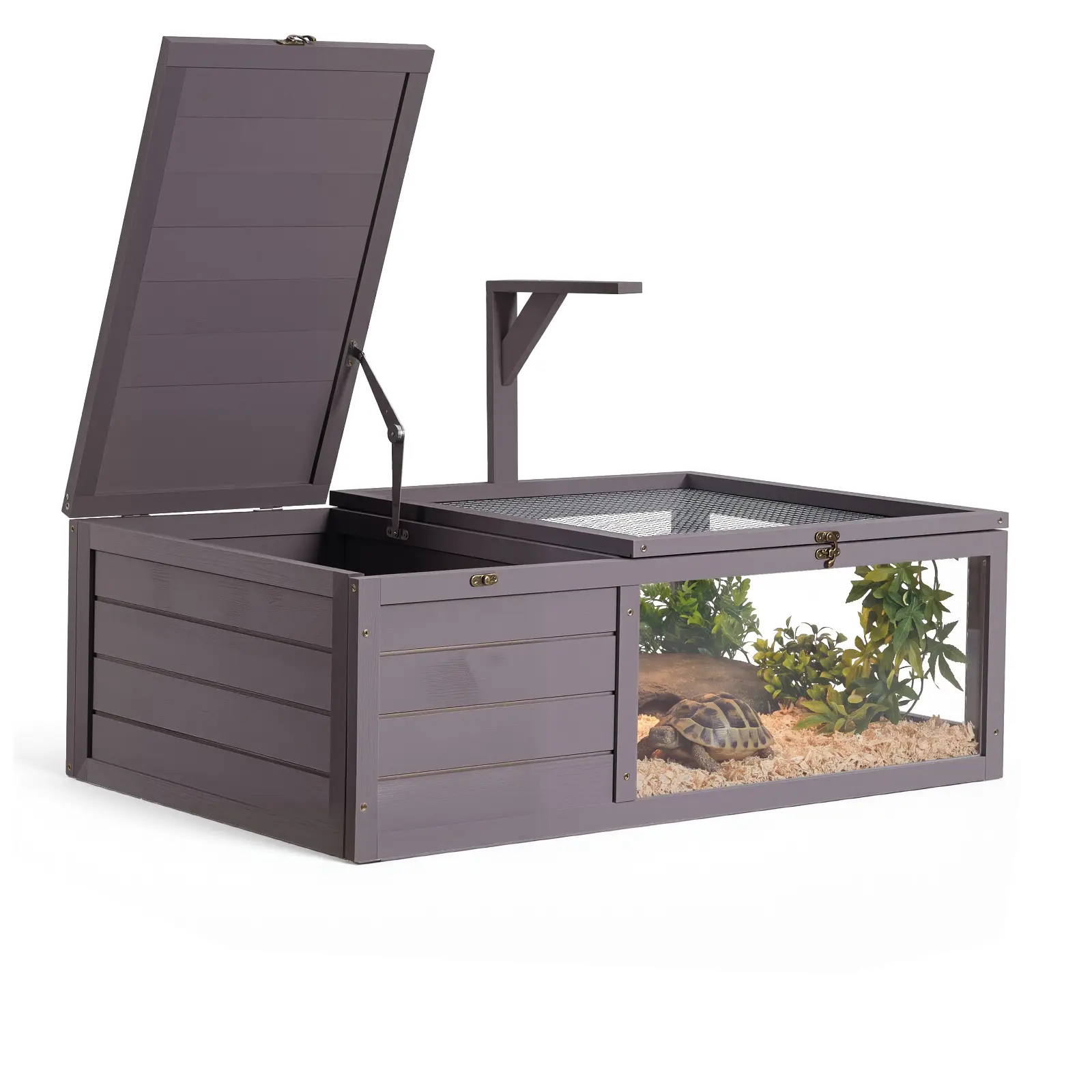 VEVOR Tortoise Habitat 2-Room Wooden Tortoise House with Pull-Out Tray, for Small Animals Indoor Outdoor, Lamp Stand, Large Turtle Enclosure Reptile Cage with Openable Roof, Acrylic Viewing Window