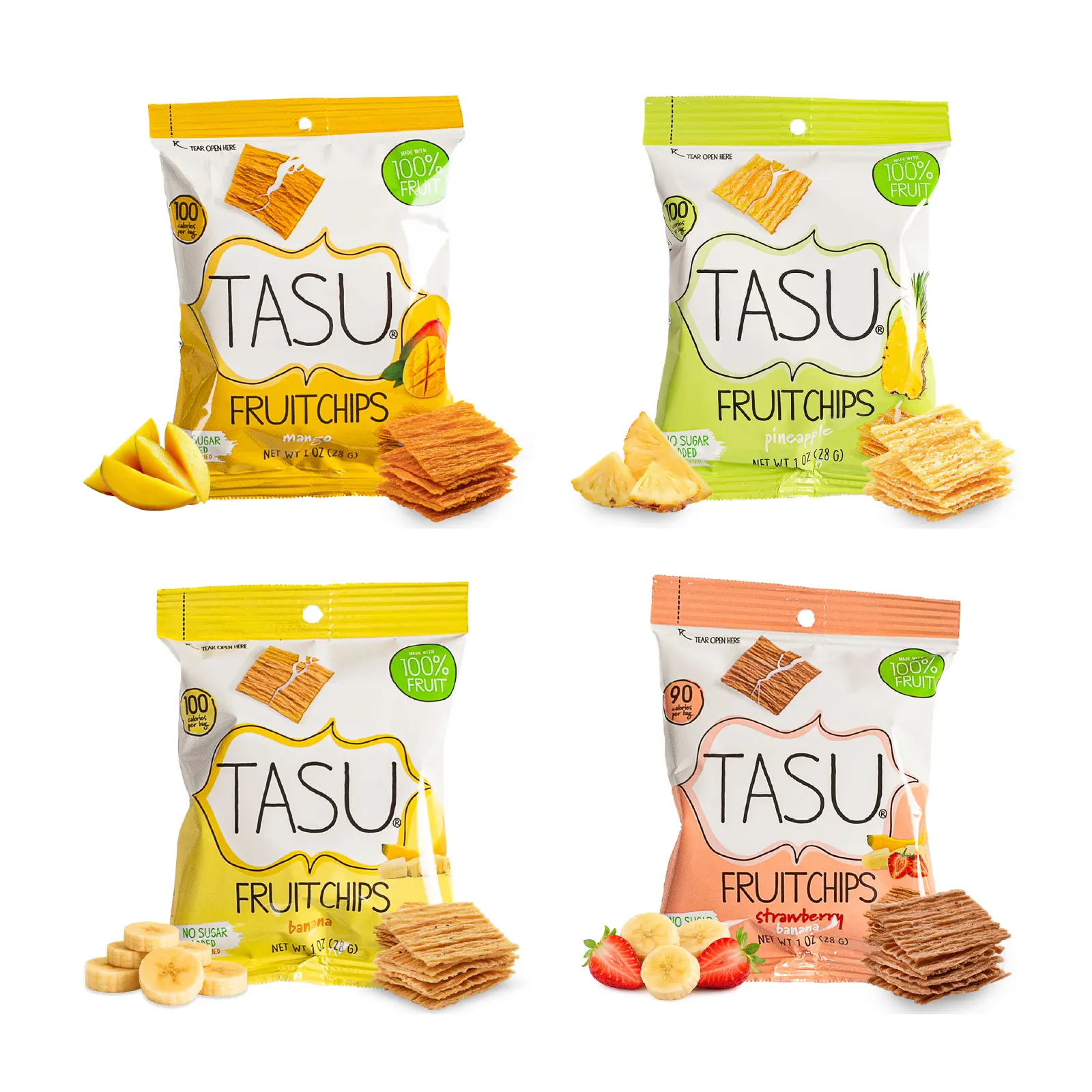 TASU Mixed Dried Fruit Chips - 100% Natural, No Sugar Added, Vegan, Gluten-Free Crunchy Snacks (Strawberry, Banana, Pineapple, Mango) - 1 oz, 4 Pack for Kids & Adults