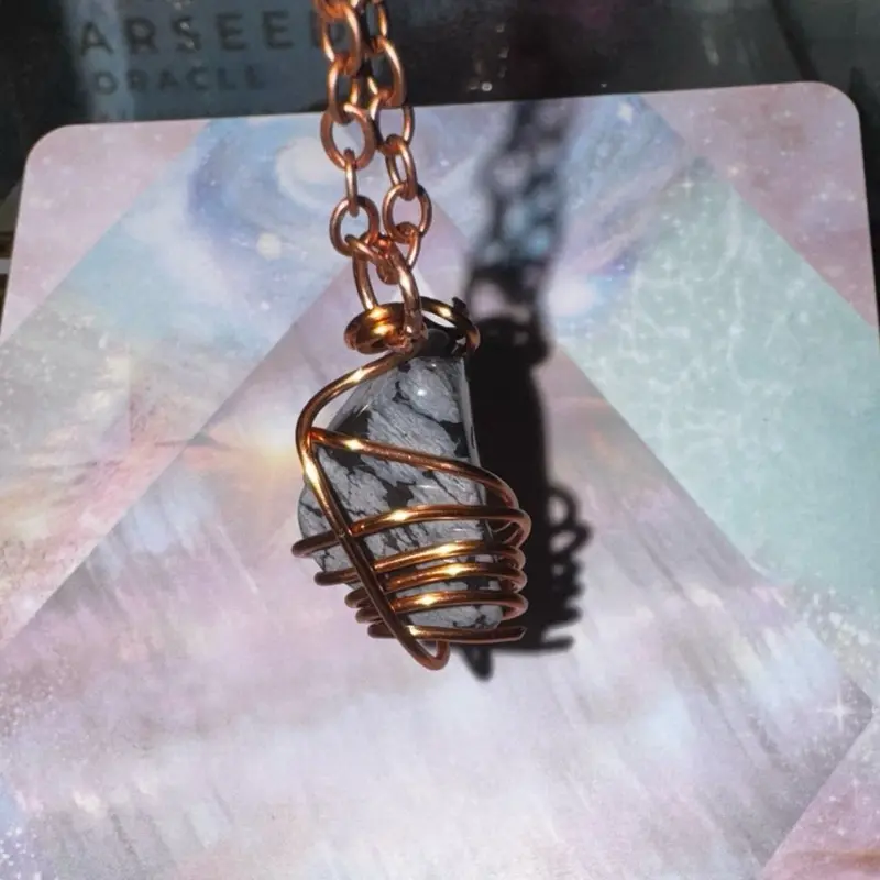 Snowflake Obsidian Copper Wired Pendant Unique Crystal Tumbled Stone Jewelry Handmade Necklace