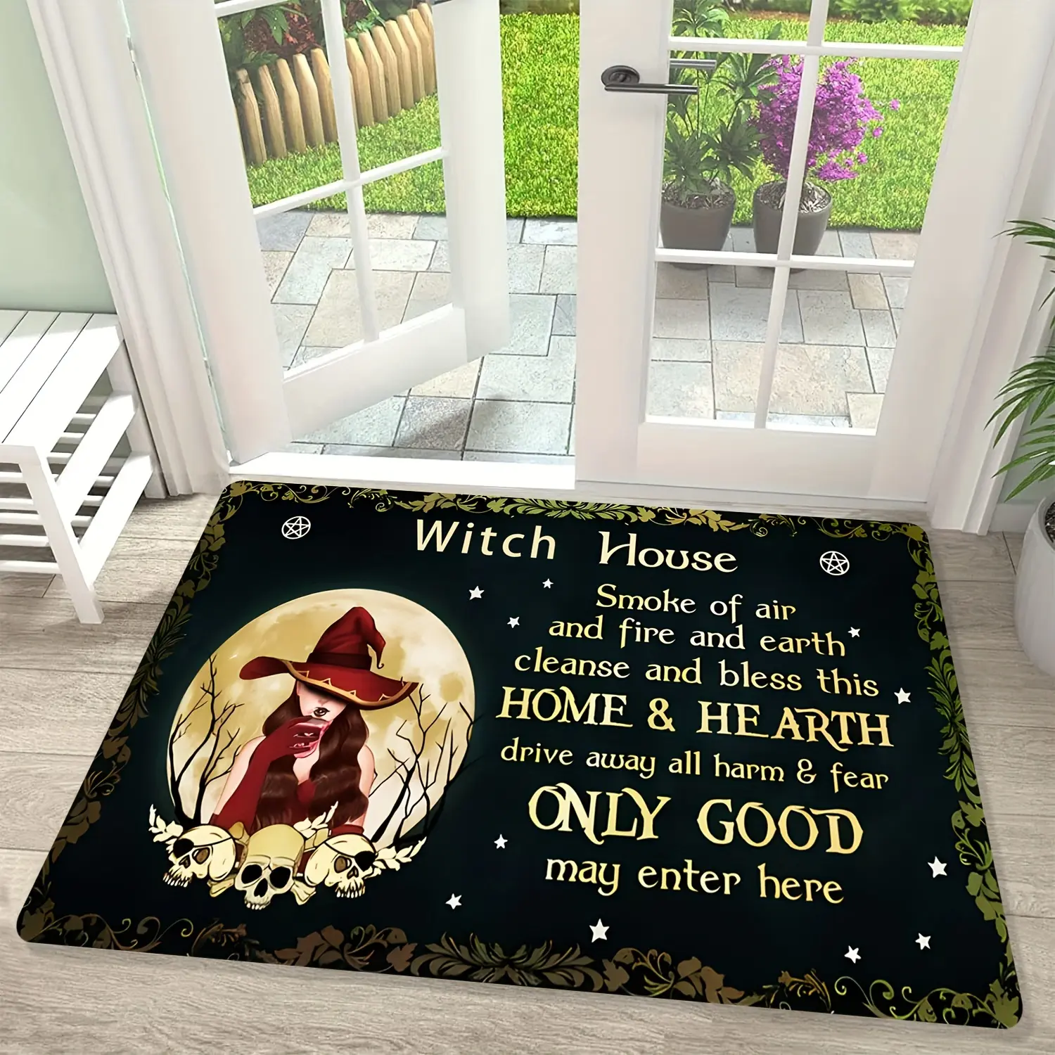 Halloween Witch House Doormat, Gothic Witch Skull Moon Decorative Doormat for Indoor Outdoor Entryway Home Halloween Decor
