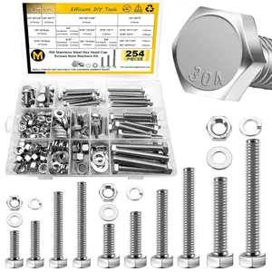 254 count Nuts and , 1/4 20 5/16 18 3/8 16 Bolt, Heavy Duty 304 Stainless Steel  and Nuts Kit with Flat Spring Washers, Includes 10 Common Sizes, Fully Threaded