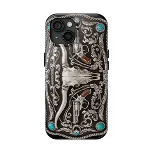 Custom Western Silver Engraved Longhorn Turquoise Diamond Graphic Art Smartphone Case - Rustic Country Aesthetic Heavy-Duty Shockproof Polycarbonate Rubber Casing with Cover & Protection, Protective Tech Accessory for iPhone 17 Pro Max,16,15,14,13,12,11