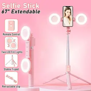 6-in-1 Detachable Selfie Tripod with Dual Fill Lights, Wireless Remote - 360° Rotatable Ring Light, Portable for iPhones, Android Phones, Makeup Vlogging, Landscape Recording Gift