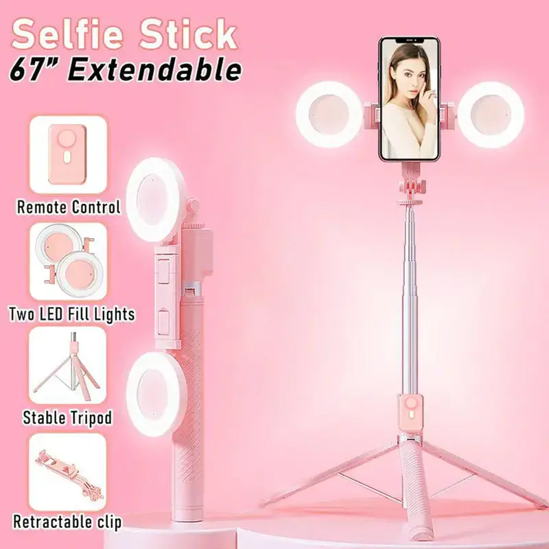 6-in-1 Rotatable Ring Light with Foldable Detachable Tripod Stand - 360° Rotation, Dual Soft Fill Glow, Compact Design, Wireless Remote for iPhone/Android Cellphone Mobile Accessories (Makeup, Selfie Recording)