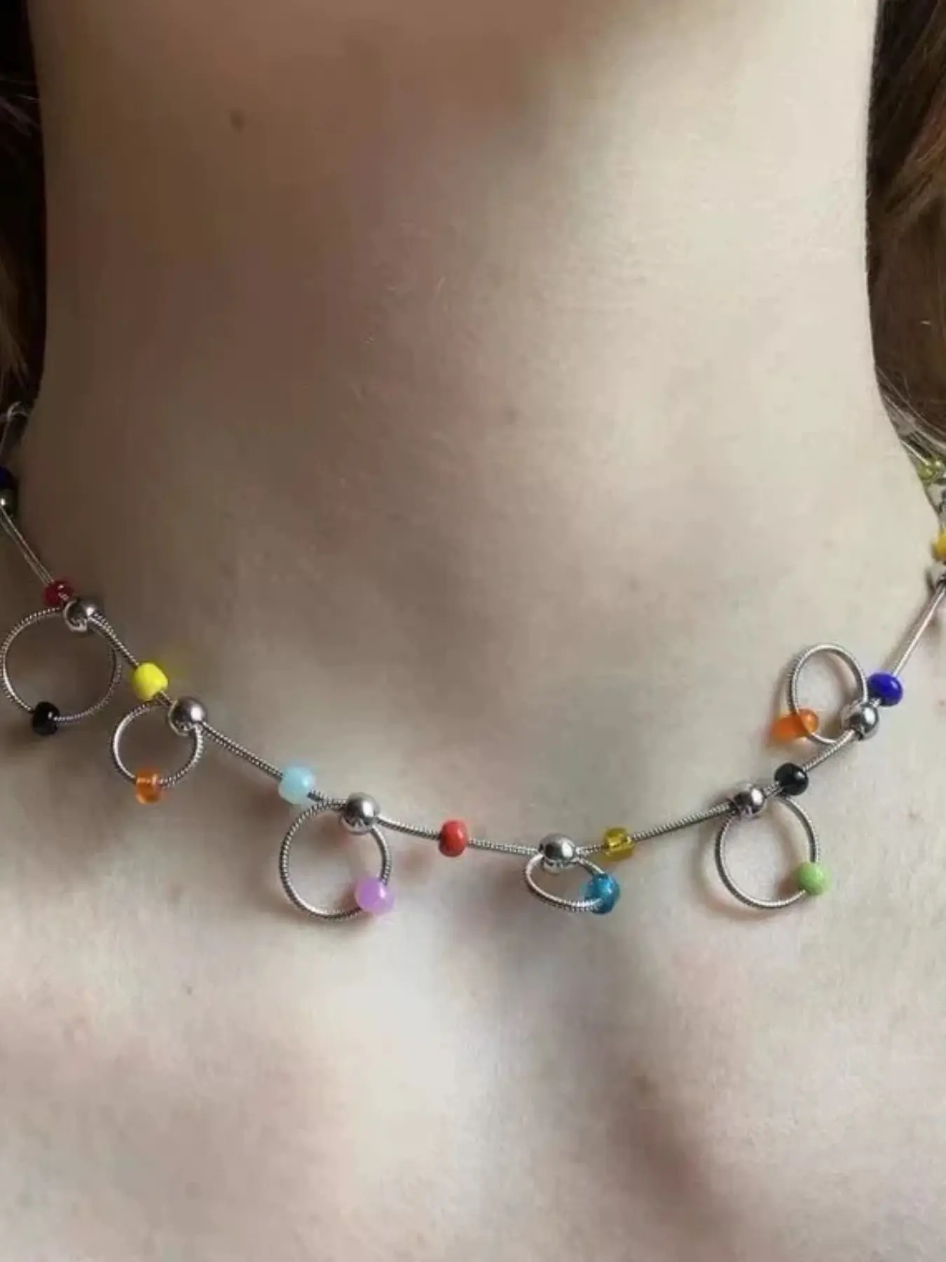 Women's Colorful Beaded Circle Necklace, Korean Style Lockbone Chain, Versatile Designer Jewelry Accessory, All Seasons