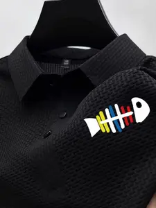 Men's Fish Bone Pattern Print Polo Shirt, Lightweight Smooth Fabric, Business Casual, Slim Fit, Short Sleeve, Daily Wear
