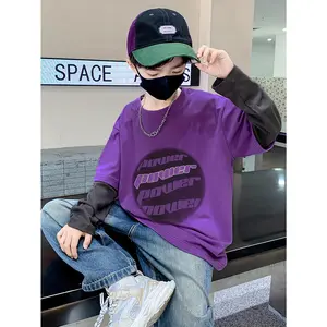 Boys' Two-Tone Long Sleeve T-Shirt - Purple & Color Block Streetwear Pullover with "POWER" Lettering, Drop Shoulder Casual Top for Spring/Fall Outdoor Sports, Spring Fall Apparel, Sporty Look, Durable Construction, Young Athletes, Streetwear Fashion