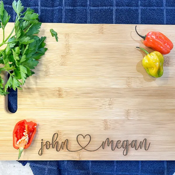 Large Personalized Custom Engraved Cutting Board – 14"x10" Premium Wood Cheese Charcuterie Serving Tray with Handle – Wedding, Housewarming, Anniversary Gift  – Names and Heart
