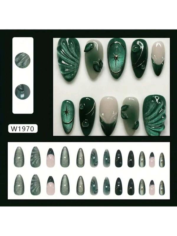 [Chic Cat-Eye Nails] Glossy Green Marble French Cat-Eye Press-On Nails| Medium Almond Shape, Removable Fake Nails With Teal & White Vein Design For A Chic, Cold Look