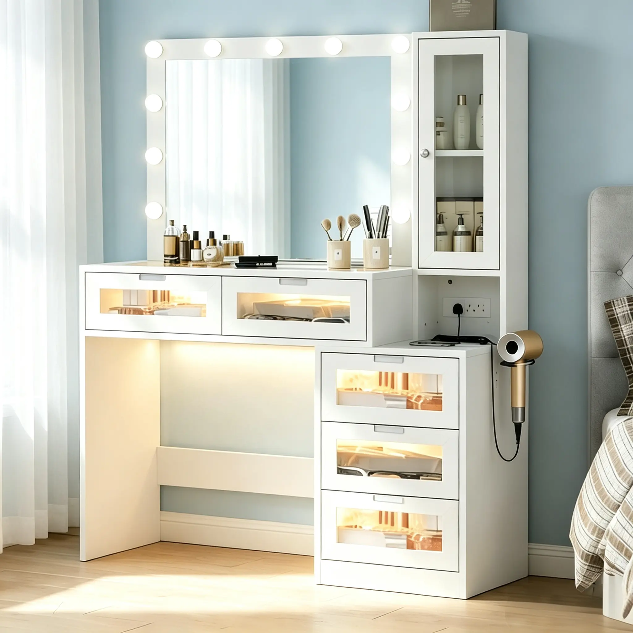 CollaredEagle Makeup Vanity Desk with LED Lighted Mirror, Tempered Glass Top, Side Cabinet, Power Outlet, Drawers with Lighting, White Vanity Table for Bedroom, Makeup Organizer Station, Bedroom Storage Vanity, Cosmetic Prep Table