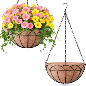 2 Pack 14 Inch Metal Outdoor Plant Hanging Baskets, Round Wire Planter Basket with Coco Coir Liner, Large Hanging Flower Pots for Outdoor Garden Yard Patio Porch Balcony Decor