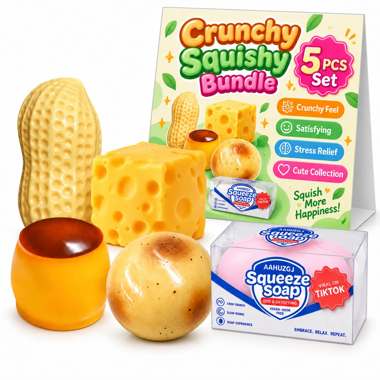 1/5-Pack Crunchy Squishy Toys Set, Satisfying Soft Squeeze Sensory Fidget Toys with Peanut,Groovy Gift,Potato, Green Cube, Pudding and Soap Shapes, Portable Stress Relief Desk Toys, Funny Novelty Gifts for Teens Adults, Party Favors