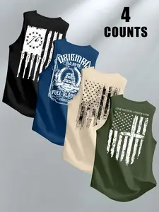 Men's 4-Piece Set American Flag & Snake Totem Print Round Neck Sleeveless T-Shirt, Comfortable Sporty Casual Top, Sports Tank Tops for Summer Outdoor Fitness