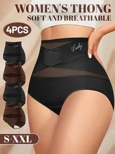 4-Pack High-Waisted Waist Trainer Women's Underwear, Loose, Breathable Mesh, Cross Design, Ice Silk Invisible Triangle Panties, Shapewear Butt Lifter, Womenswear