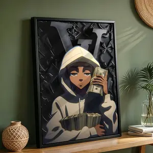 Riley Freeman's Money-Themed Canvas Wall Artwork "A Stack of Cash" - Cool Room Decor Print, Masculine Modern Home Decor for Hip-Hop & Anime Enthusiasts, Unique Room Decorations