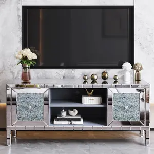 Atumcto Modern Mirrored TV Stand for 65in TV – Crushed Diamond Glass Door Media Console, Adjustable Storage, Entertainment Center for Living Room, Silver