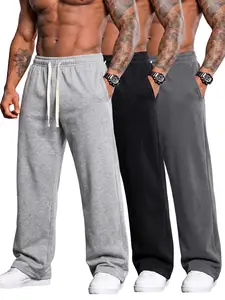 3-Pack Men’s American High Street Loose Wide-Leg Sweatpants Basic Solid Color Drapey Straight Fit Elastic Drawstring Waist Casual Long Pants for Everyday Wear and Street Style