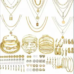 73 Pieces Gold Jewelry Set for Women Fashion Costume Jewelry Gold Plated Necklace Bracelet Ring Earrings Set for Women