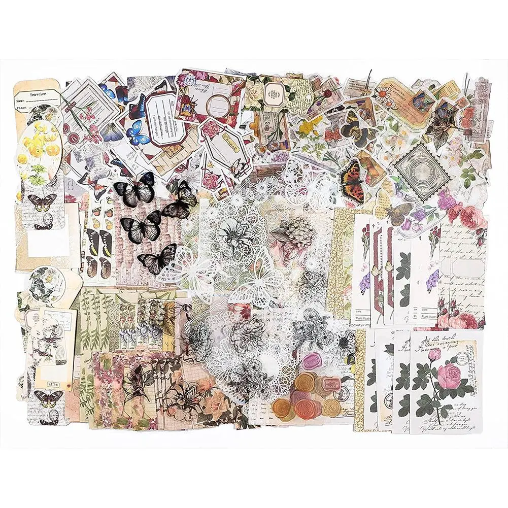 260-Piece Retro Vintage Ephemera Set, Floral Antique Rustic Scrapbooking Supplies Pack with Plants, Handwriting-Friendly Wax Seal Paper, Paper Stickers, Art Craft Gifts, Letters (Car Interior Accessory Companion, Mixed Sizes), Craft Paper, Embellishment