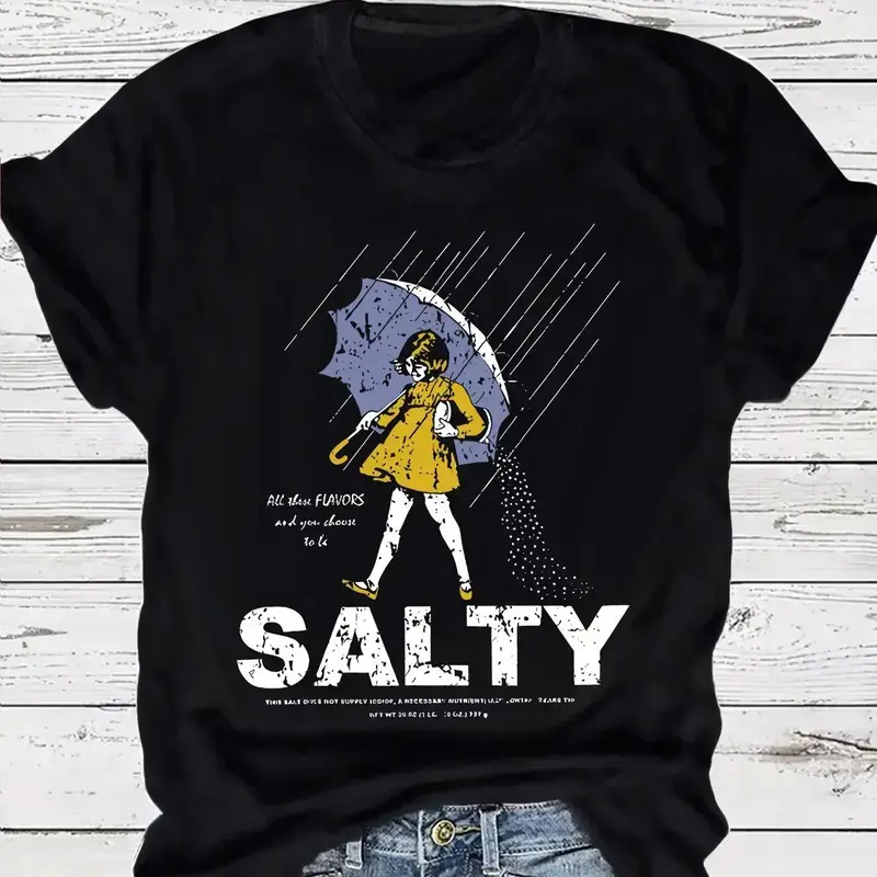 Women's Umbrella & Sality Girl Print Round Neck Tee, Vintage Trendy Casual Lightweight Knit Fitted Short Sleeve T-shirt for Daily Wear, Everyday, Ladies Summer, Top, Womenswear