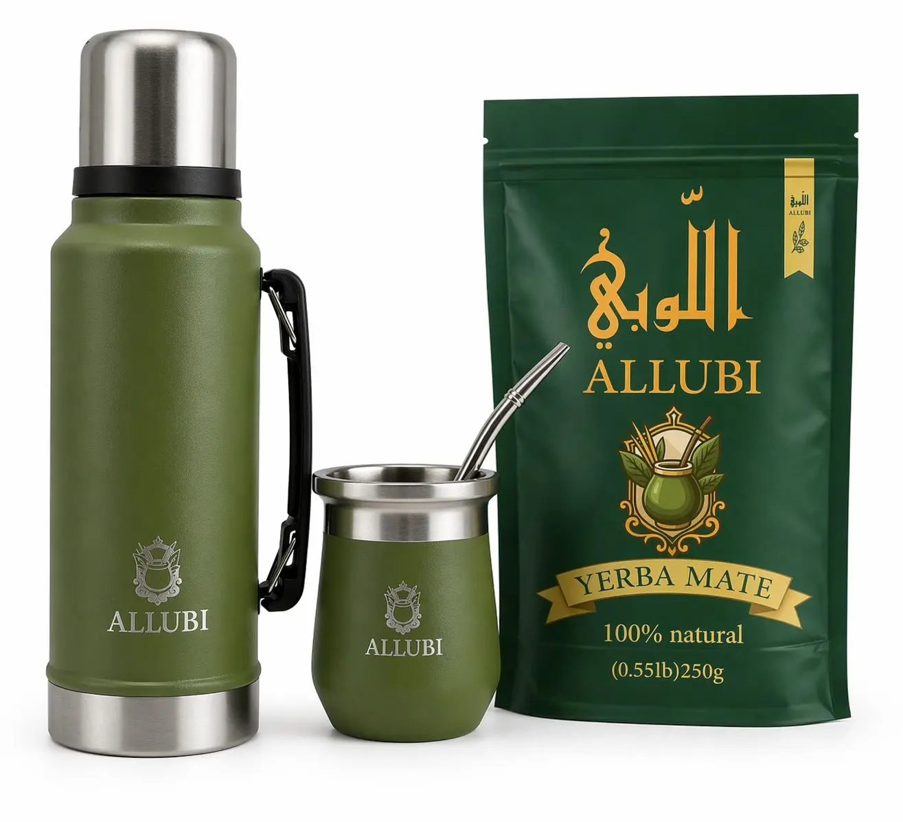 ALLUBI Yerba Mate Kit for Adults - Portable Heat-Resistant Drinkware Set with 1L Stainless Steel Insulated Flask, Traditional Tumbler, Bombilla, 250g Herbal Leaves, Bottled Lid & Loop for Hot/Cold Beverages