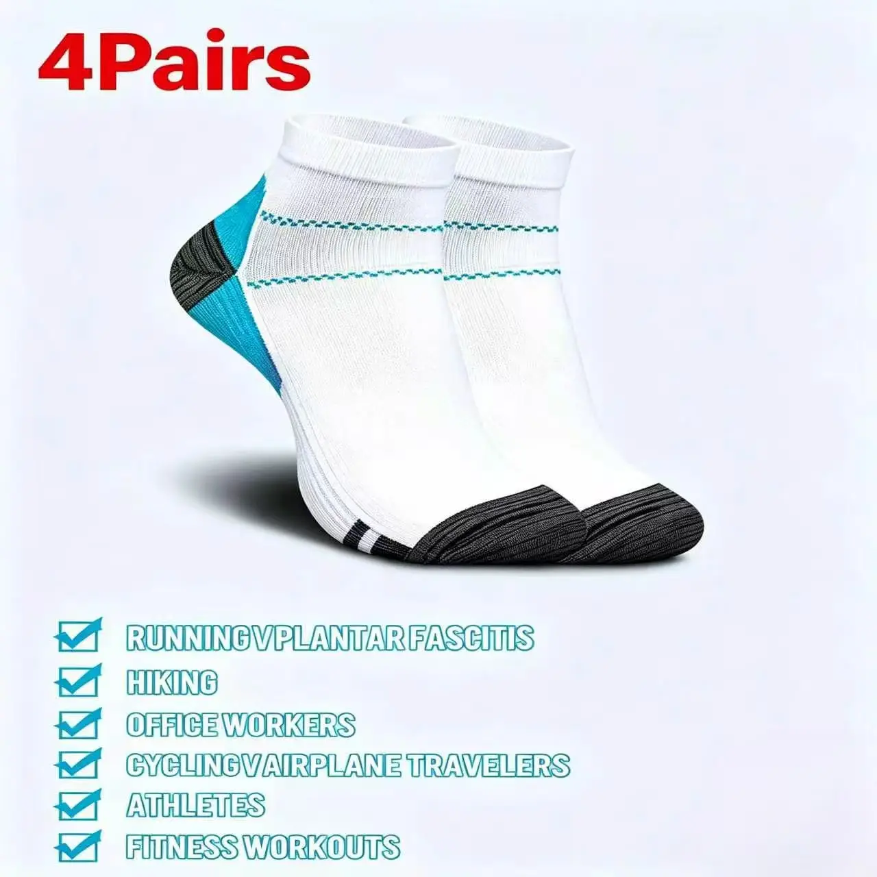 4 Pairs Low-Cut Compression Socks,Breathable,Non-Slip Cuff,Arch Support,Moisture-Wicking,Reinforced Heel and Toe,Plantar Fasciitis Relief,for Running,Cycling,Gym Fitness,Sports and Daily