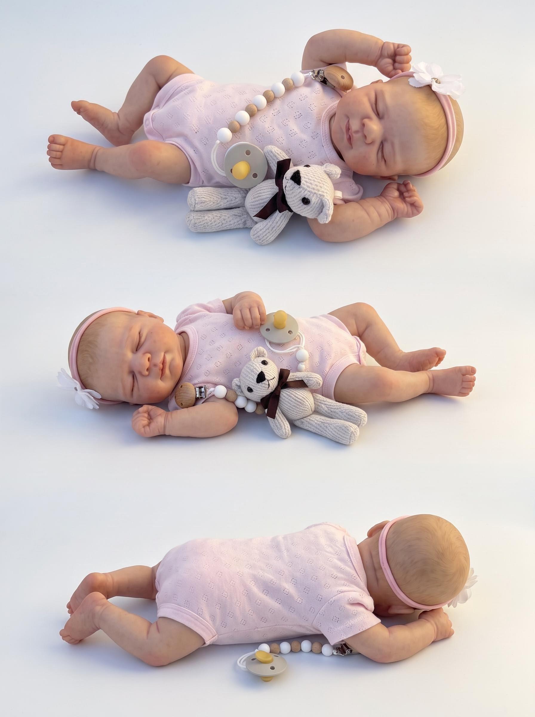 19-Inch Vinyl Body Sleeping Pose Reborn Baby Doll, Realistic Newborn with Pink Hollow-Knit Onesie, Flower Headband, Pacifier Bead Chain, CPC-Certified Handcrafted Collectible Collectibles Gift for Girls, Adults 18+