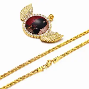 Personalized Photo Necklace with Gold Plated Wings and Rope Chain for Customized Jewelry Gifts