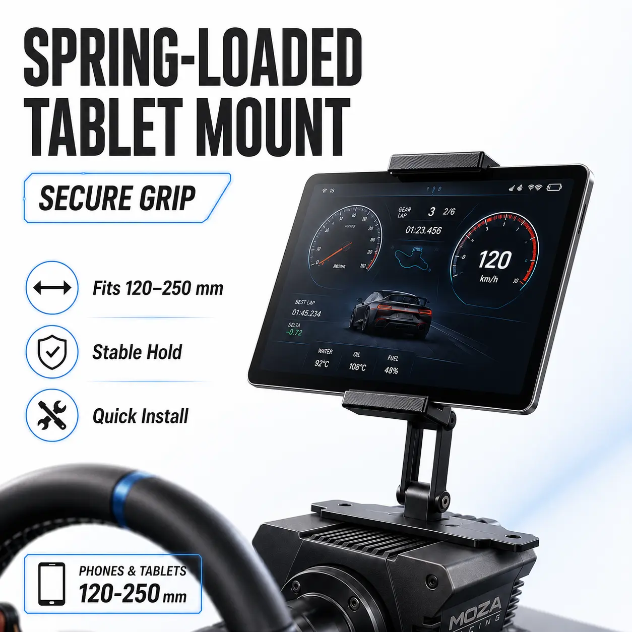 Racing Simulator Tablet Mount Stand for MOZA R3 R5 R9 R12, Sim Racing iPad Holder Phone Holder Bracket, Adjustable Spring Loaded Clamp Mount Compatible with 120-250mm Tablets and Phones, Heavy Duty Stable Design for Racing Wheel Setup,