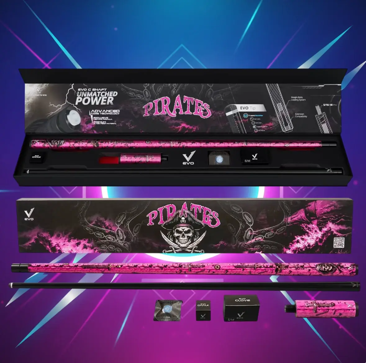 EVO Pirates Maxbing Edition – Rose Raid Pool Cue Kit | Premium Glassfiber+Carbon, 29" Shaft & Butt, 12.5mm EVO Tip, 19–19.5oz, Wrapless Grip, 5/16-18 Joint, Extension, Glove, Chalk – Bold Control, Clever Power