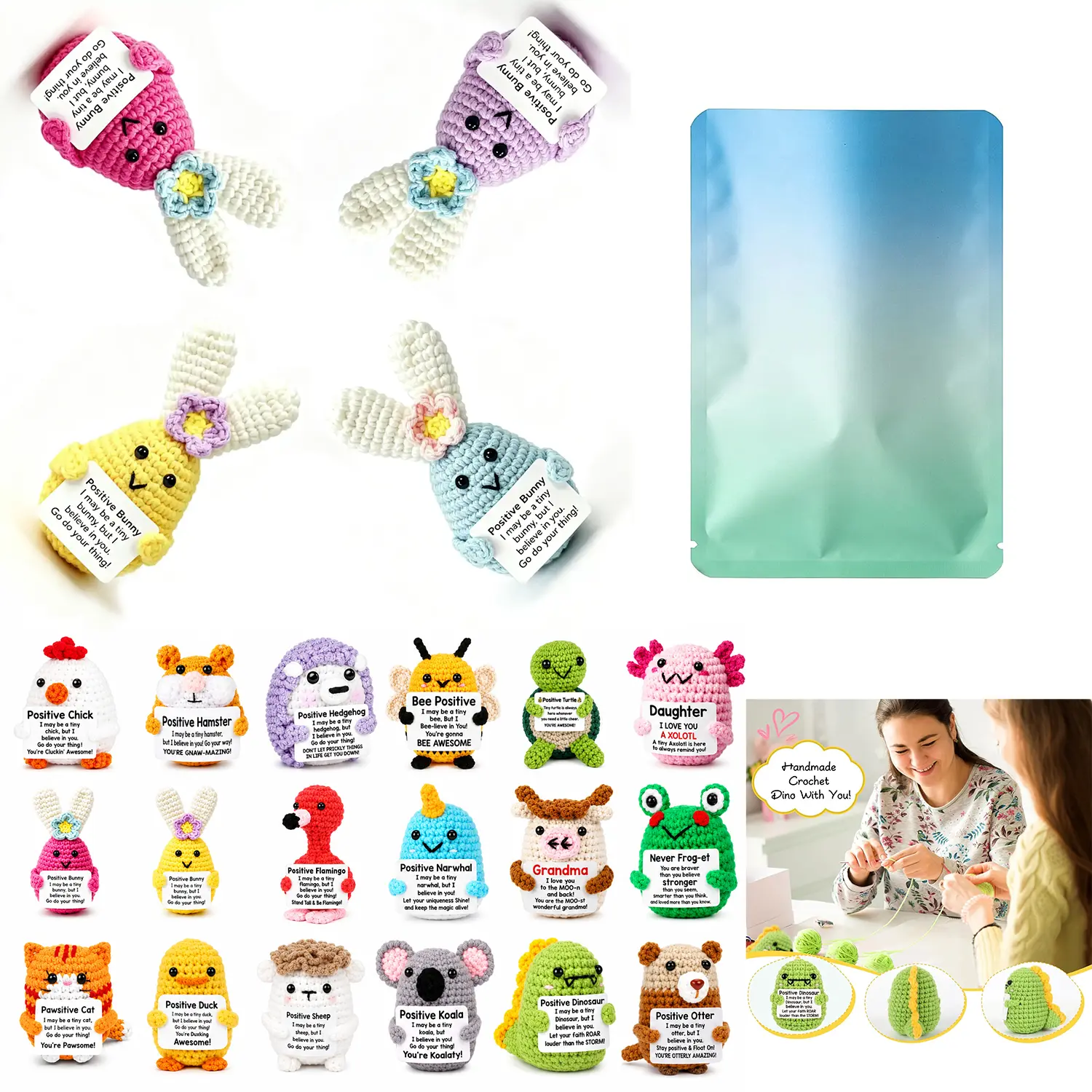 Crochet Polyester Plushies Surprise Bag - Mini Lucky Animal Blind Locker Bag with Message Card, Handmade Birthday Gift for Best Friend, Kawaii Desk Decoration, Encouragement Toy