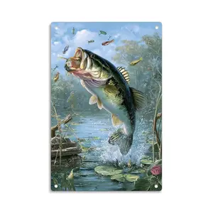Largemouth Bass Jumping， Fishing Lure Tin Sign， Vintage Largemouth Bass Fishing Metal Sign Print Aesthetic Room Decoration for Home Bedroom Kitchen Bar Dorm Bathroom Wall Decor 8 X 12 Inch