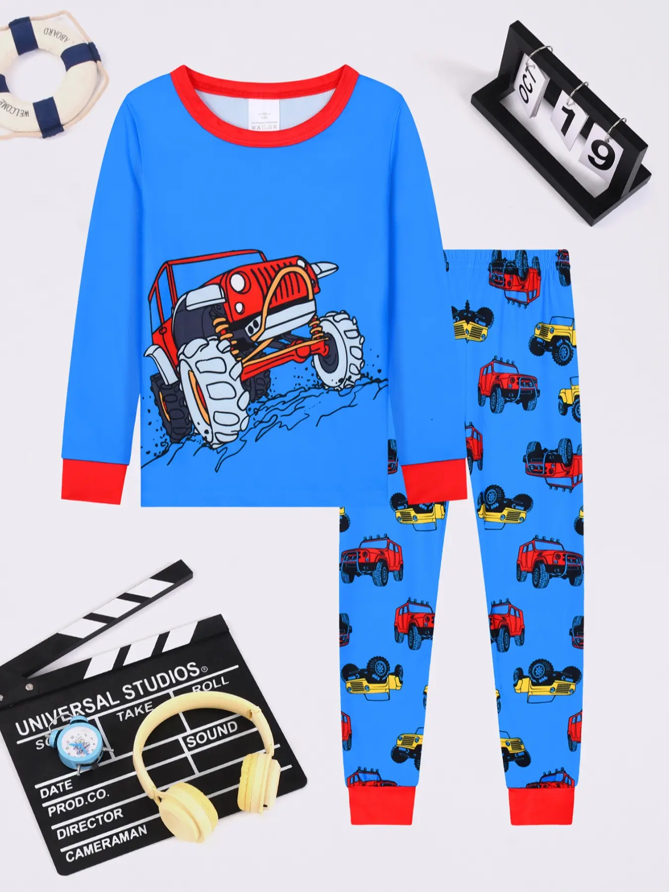 Round Neck Long Sleeve Pajama Set Pjs, Car & Off-Road Print, Fashion Casual Comfortable Home Wear, Pyjamas, Nightwear, Loungewear, All Seasons