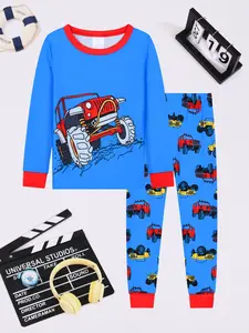 Round Neck Long Sleeve Pajama Set, Pjs, Car & Off-Road Print, Fashion Casual Comfortable Home Wear, Homewear, Loungewear, Nightwear, Outfit, All Seasons