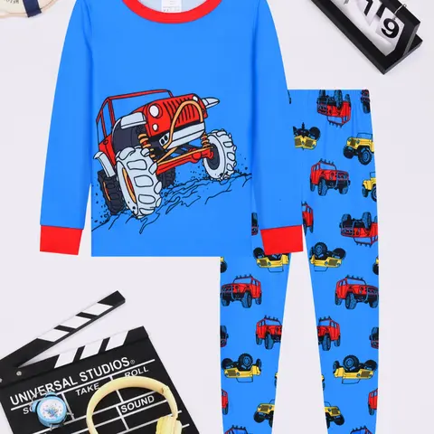 Round Neck Long Sleeve Pajama Set Pjs, Matching Pj Set, Nightwear, Car & Off-Road Print, Fashion Casual Comfortable Home Wear, All Seasons, Loungewear, Homewear