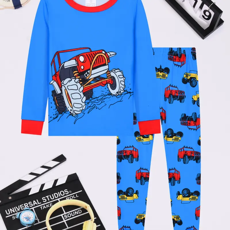 Round Neck Long Sleeve Pajama Set Pjs, Matching Pj Set, Nightwear, Car & Off-Road Print, Fashion Casual Comfortable Home Wear, All Seasons, Loungewear, Homewear