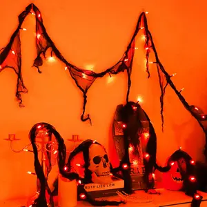 Halloween Decorations String Lights Indoor Battery Operated Powered, 30LED Orange Fairy Lights Timer 8 Mode 9.9Ft, Fall Garland with Black Cloth Gauze, Gothic Party Room Mental Fireplace Decor 1PACK