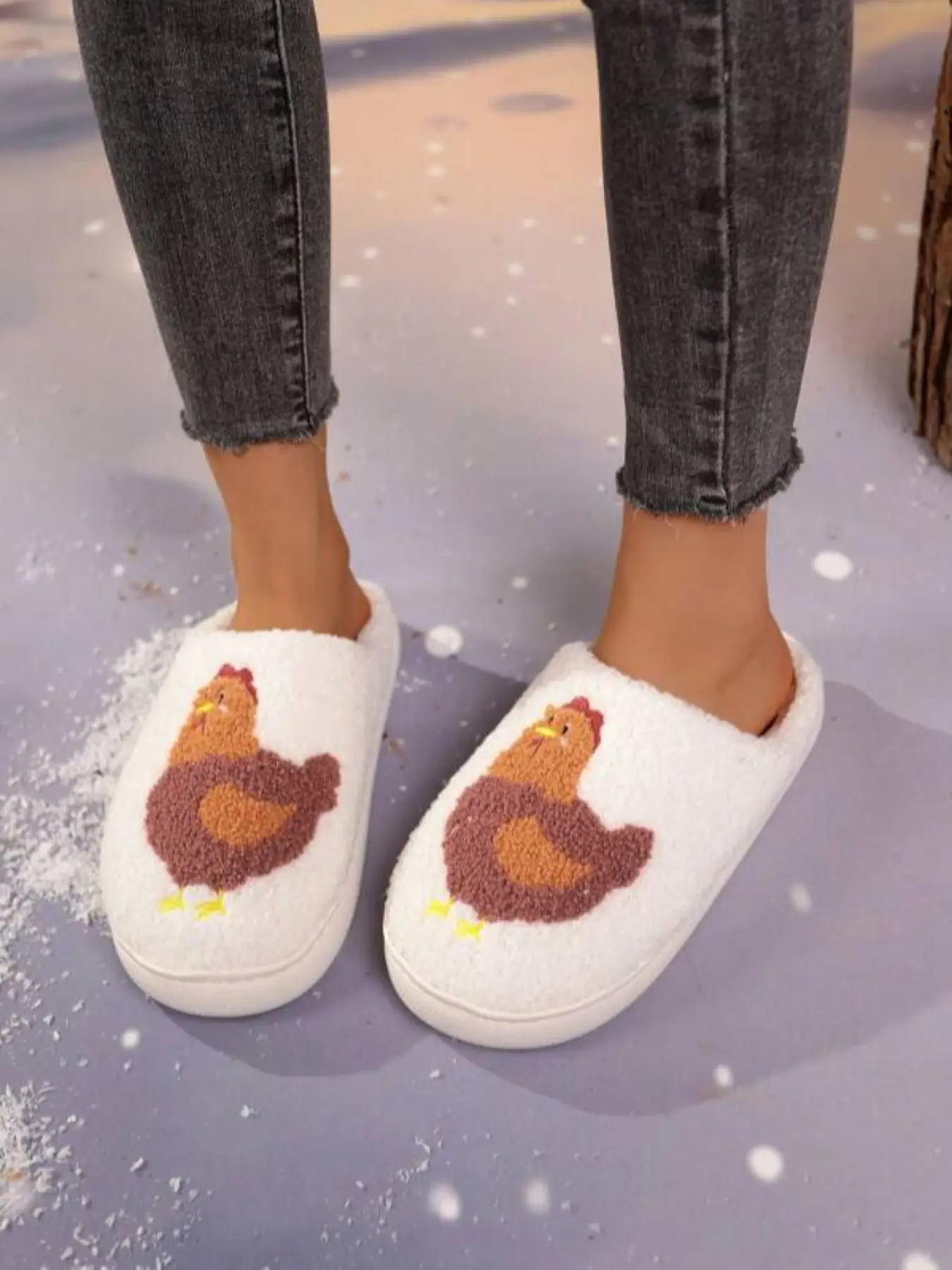 Women's Cartoon Embroidered Chicken Slippers, Fall Winter Home Slip-Ons, Slide, Non-Slip Soft Sole, Textile Upper, Rubber Sole