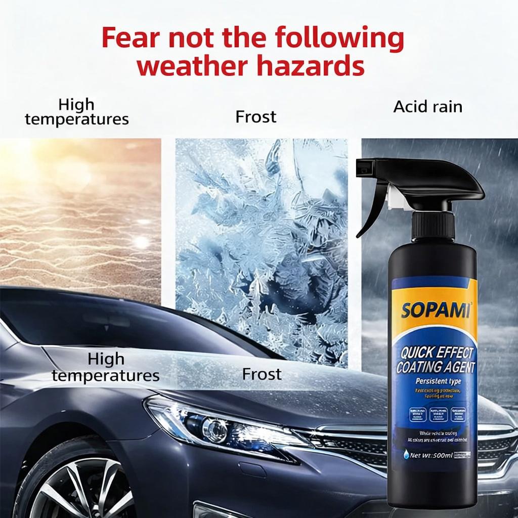 Sopami Nano-Quick Ceramic Coating for automobiles, featuring advanced ceramic technology for dust-proof glass effect and lasting luster 500 ml. car cleaning kit, Had to try, shop now!