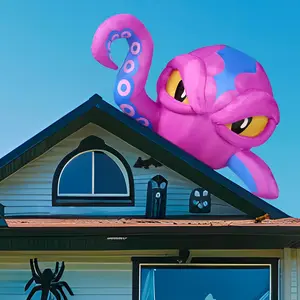 4 FT Tall Halloween Inflatable Purple Octupos Head with Tentacles Broke Out from Window with Built-in LEDs Blow Up for Halloween Window Decor, Outdoor Yard Garden Lawn Party Decoration