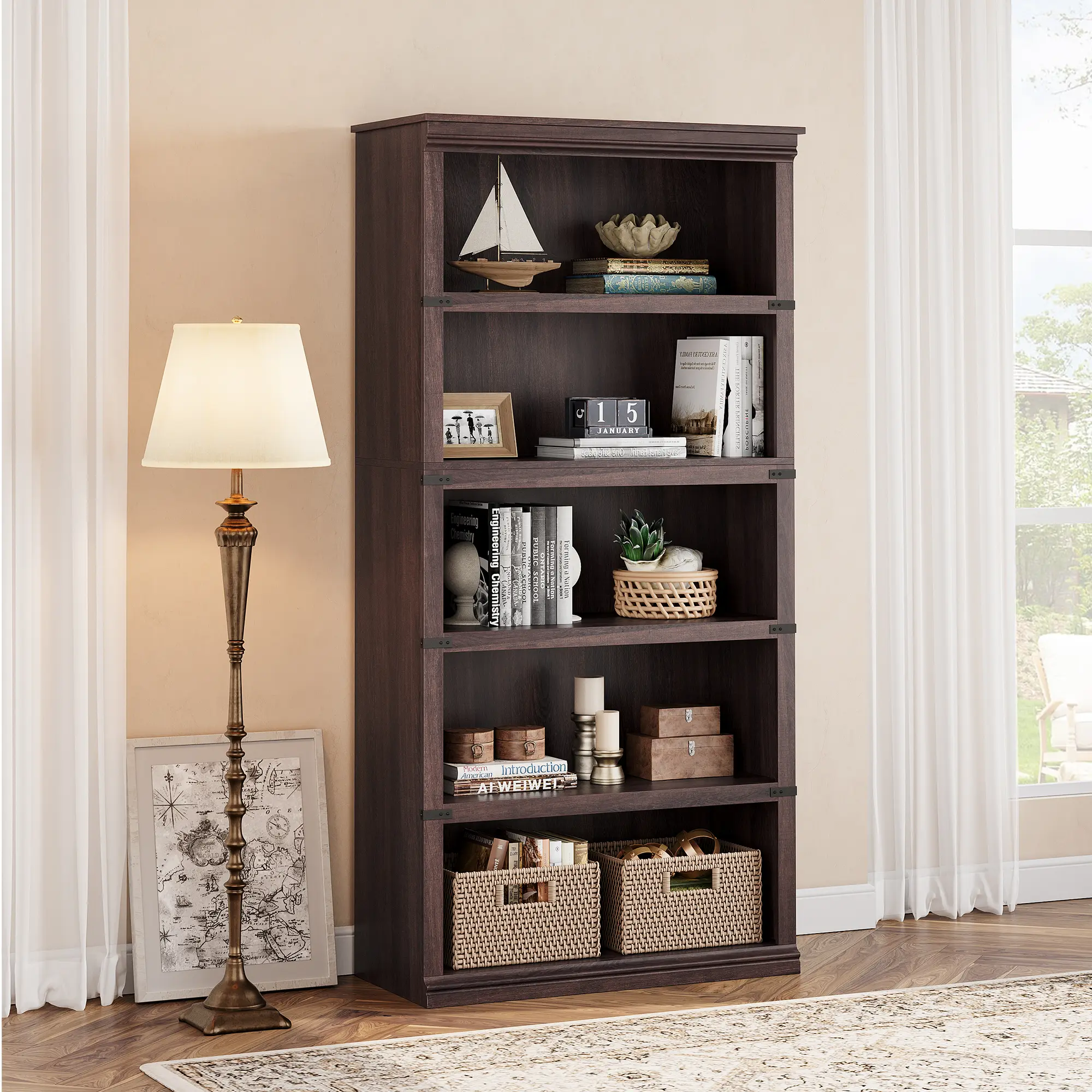 📚 Floor-to-ceiling style, without the drilling. Rustic 5-Tier Wood Bookcase – 67.4" Tall, Open Display Shelves – Holds Heavy Books, Room for Everything – 31.5" Wide for Home Office or Living Room ✨
