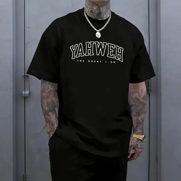 Men’"YAHWEHTheGreatIAm"ChritiangraphicT-hirt,overizedminimalittextprint,blackcaualtreetwear,perectorchurch,religiouvent,andeverydaywear.portt-hirtgit,90SUnisex T-Shirt