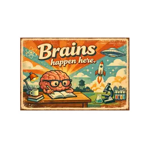 Brains Happen Here Vintage Metal Tin Sign 8x12 Inch Funny Science Quote Wall Decor Retro Cartoon Brain Wall Art for Office Classroom Lab Study Room with Pre Drilled Holes
