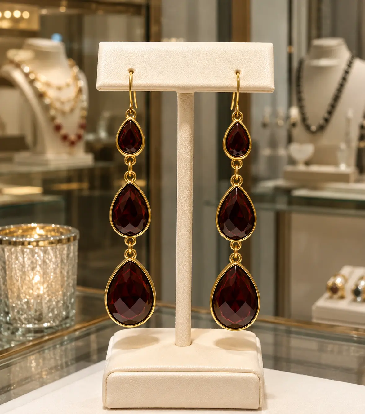 Burgundy Faceted Triple Teardrop Statement Earrings, Lightweight Cascading Dangle Style for Formal Events
