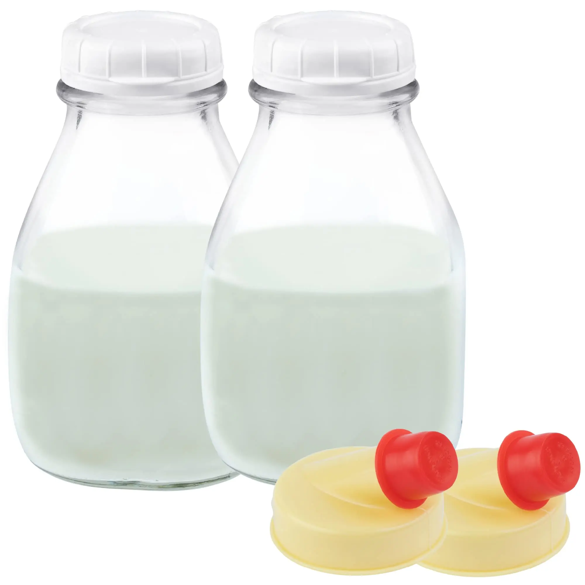 16 Oz Glass Milk Bottle With Lid - Ounce Short And Wide Container For Refrigerator Tamper Proof Pour Spout Pack Of 2