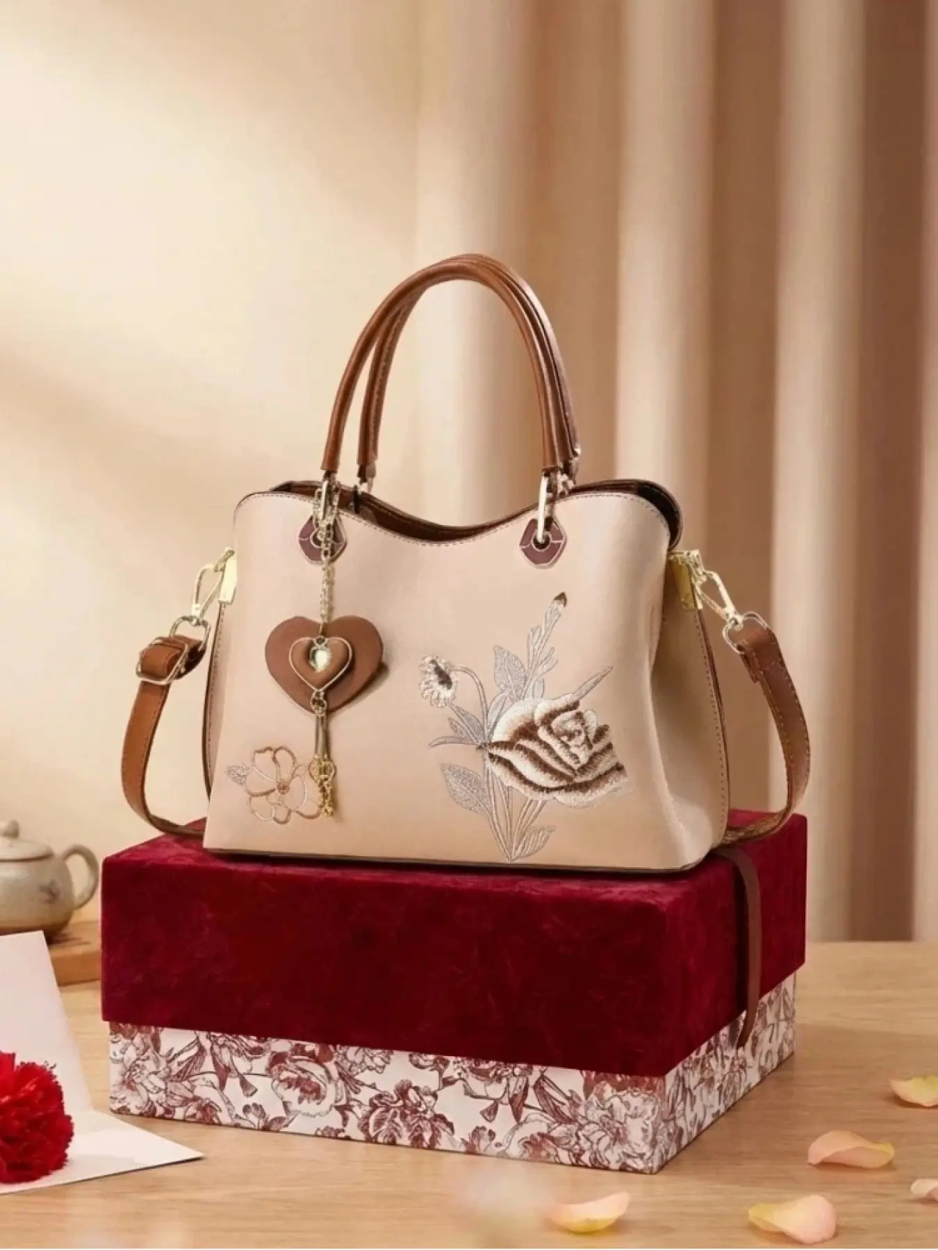 Ladies' handbag, Embroidered Flower Handbag, high-end design embroidered ladies' shoulder bag, made of high-end leather, embroidered with floral patterns, decorated with scarves, large internal space, suitable for various occasions