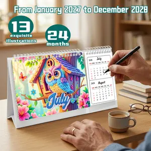 Medium 2-Year Owl Diamond Painting Desk Calendar 2027-2028, Covers Jan 2027-Dec 2028, 13 Monthly Owl Illustrations, Writable Schedule Area, Dual-use Home Desktop Decor, Handmade Gift for Back to School, Graduation, Birthday, Christmas & All Festivals
