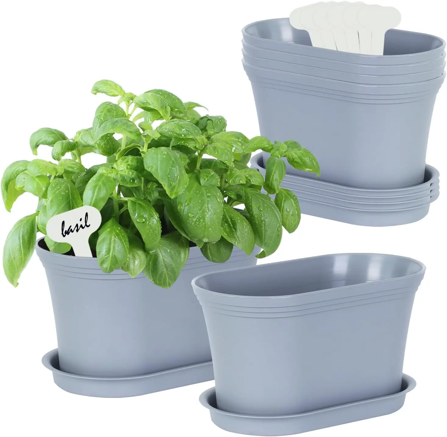 6-Pack Grey Oval Farmhouse Windowsill Garden Planter with Tray, 6.8"L × 3.9"W × 0.8"H Indoor-Outdoor Pots with 6 Labels for Kitchen Indoor Garden, All Year Round Use (No Seeds)