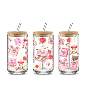 Valentine's Day Romantic Vintage Pink Typewriter 16oz Glass Can Cup with Lid and Straw, Reusable Glass Drinking Cup for Iced Coffee,Hot Chocolate,Stylish Retro Aesthetic Glassware,Perfect Gift for Girlfriend,Boyfriend,Couples & Valentine's Day Enthusiasts