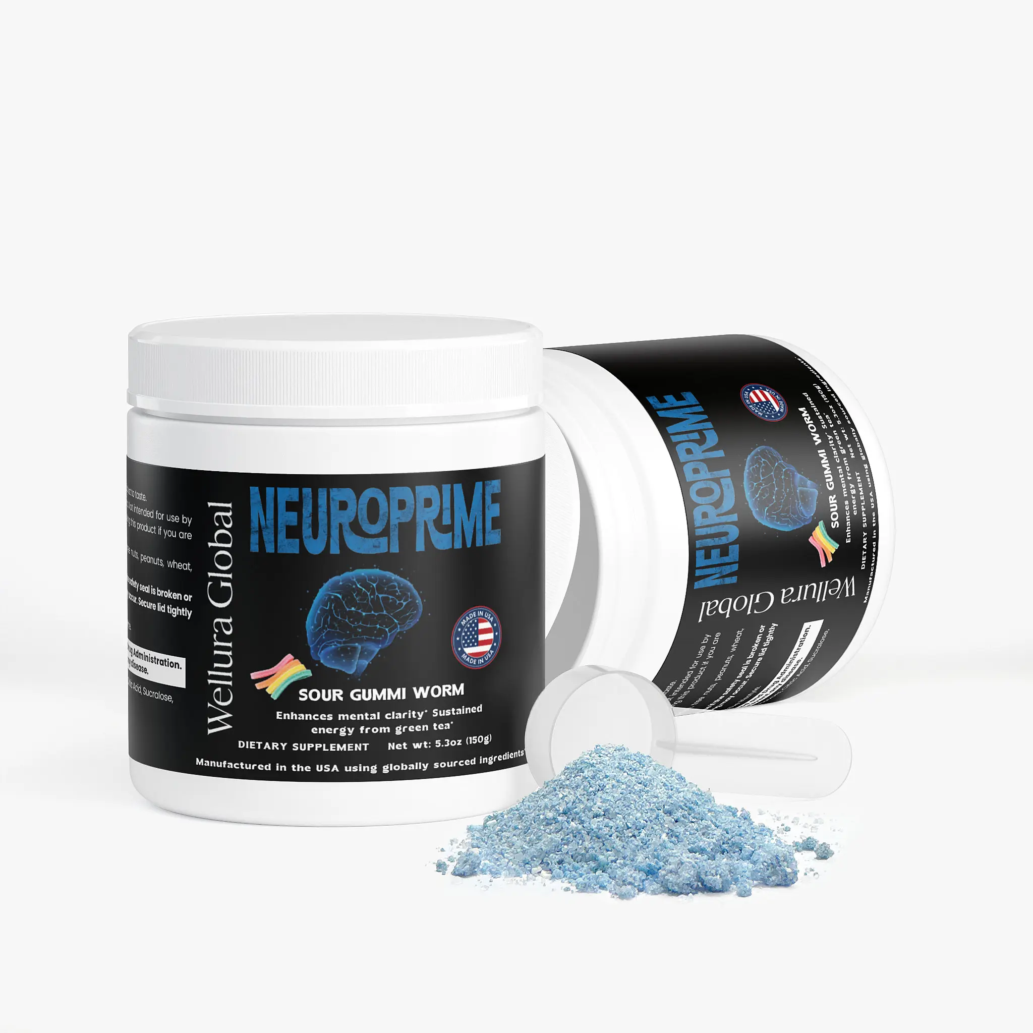 Wellura NeuroPrime Cognitive Support Powder - Sour Gummi Worm Flavor, Alpha-GPC, Natural Caffeine & Botanical Extracts, 5.64 oz Dietary Supplement for Focus